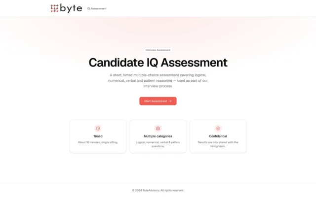 Byte IQ Assessment candidate funnel, step one of the public application flow