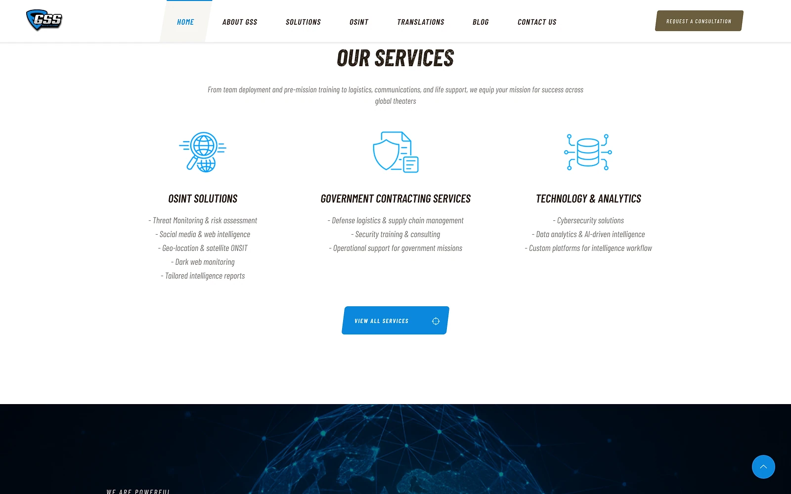 Global Security Corp services section covering OSINT training and analyst staffing