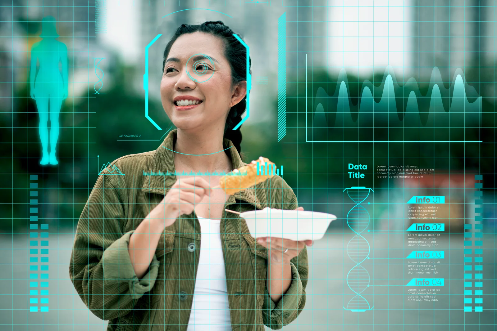 Biometric and health data visualised as an overlay across a person in a city street