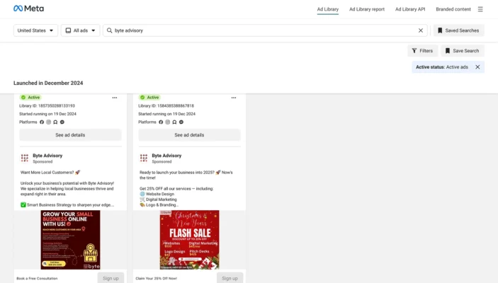 Meta Ad Library results for Byte Advisory showing six published ad campaigns with creative for marketing, web design, technology and consulting services