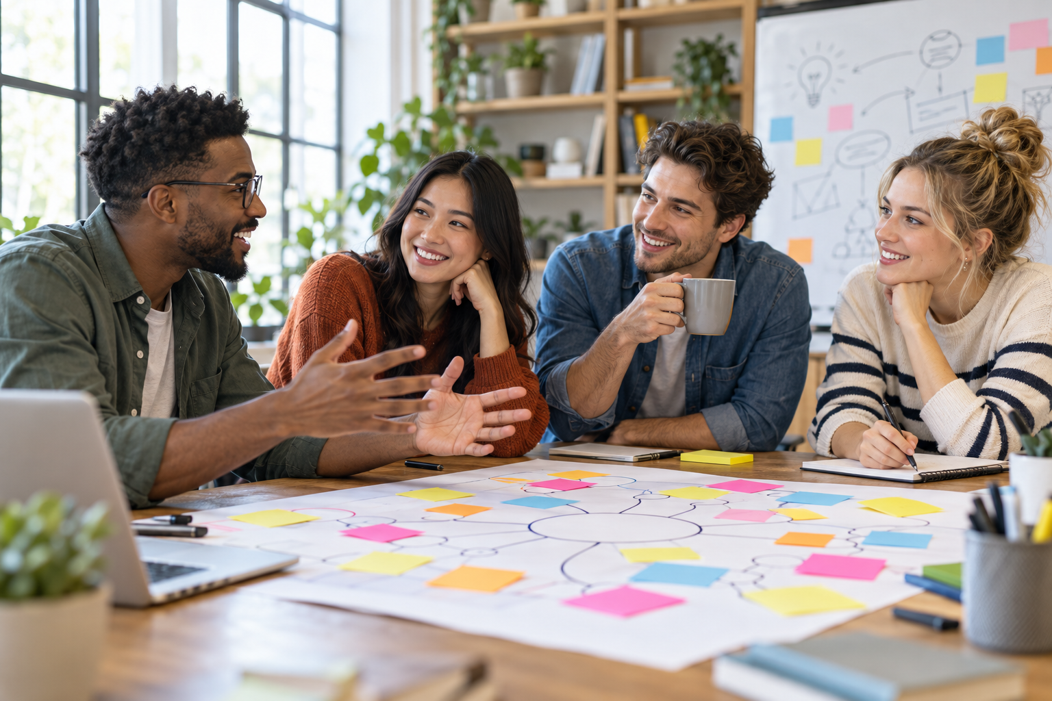 Creative team brainstorming marketing ideas with sticky notes