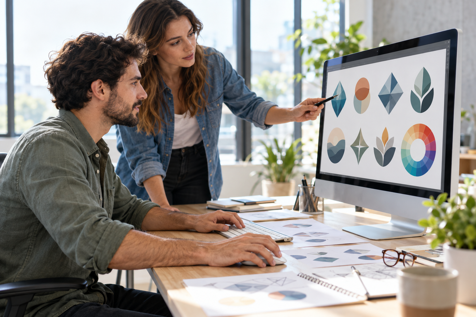 Graphic designers creating logo concepts on a monitor