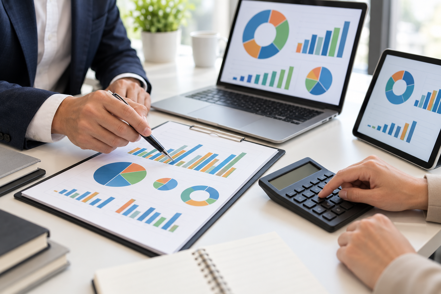 Financial consultants reviewing charts and reports