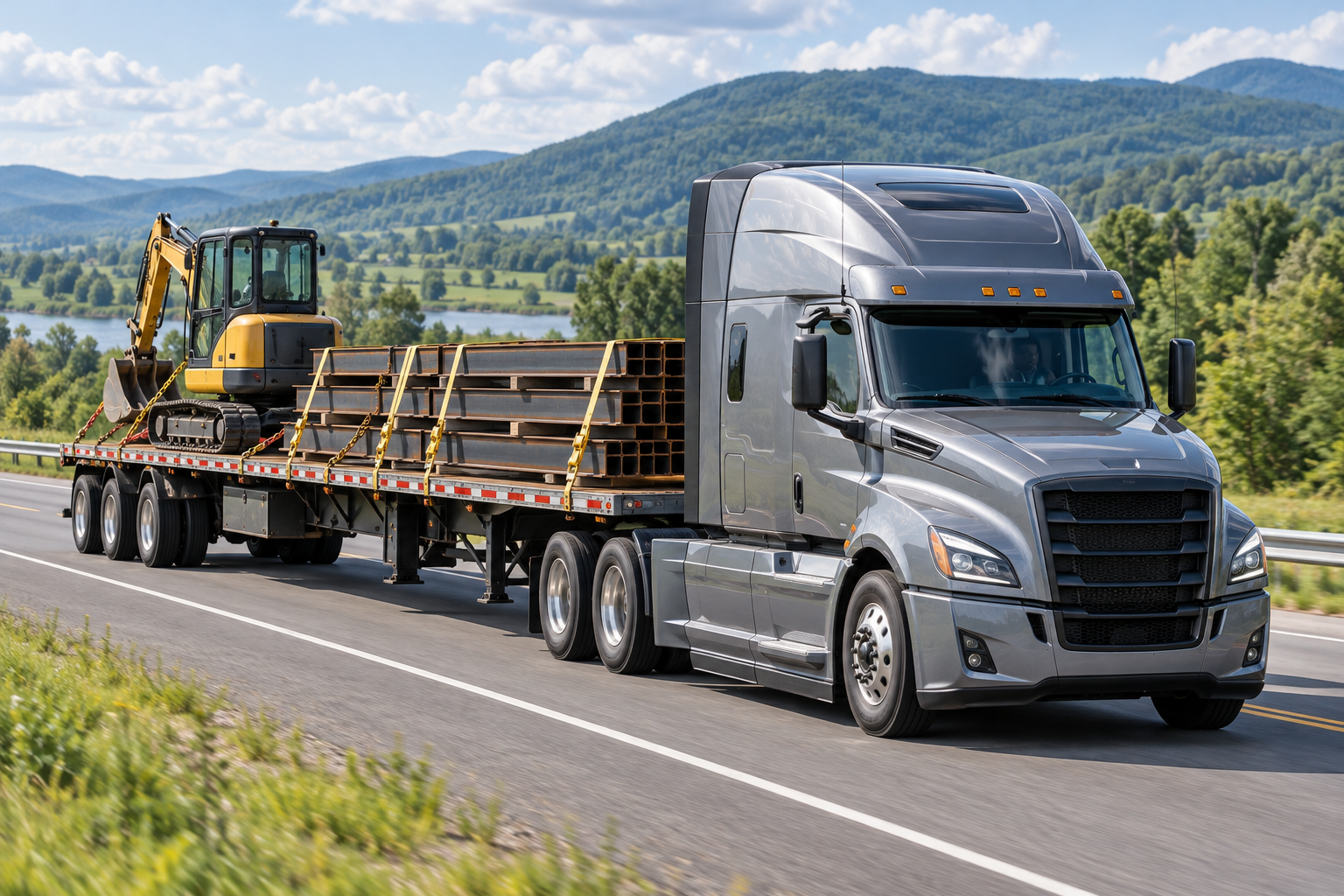 Flatbed truck hauling strapped cargo
