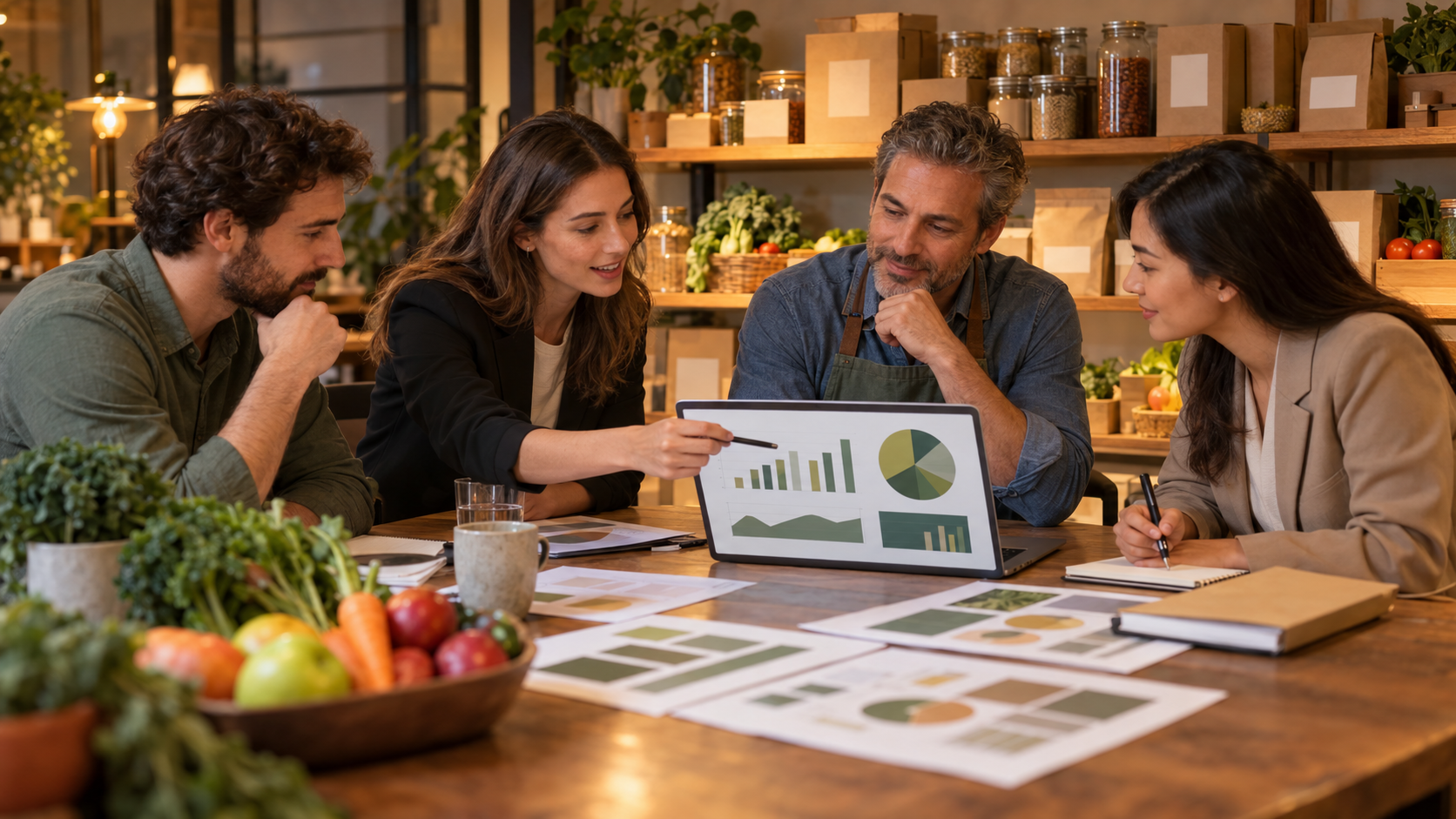 Consultants meeting with an organic food company owner
