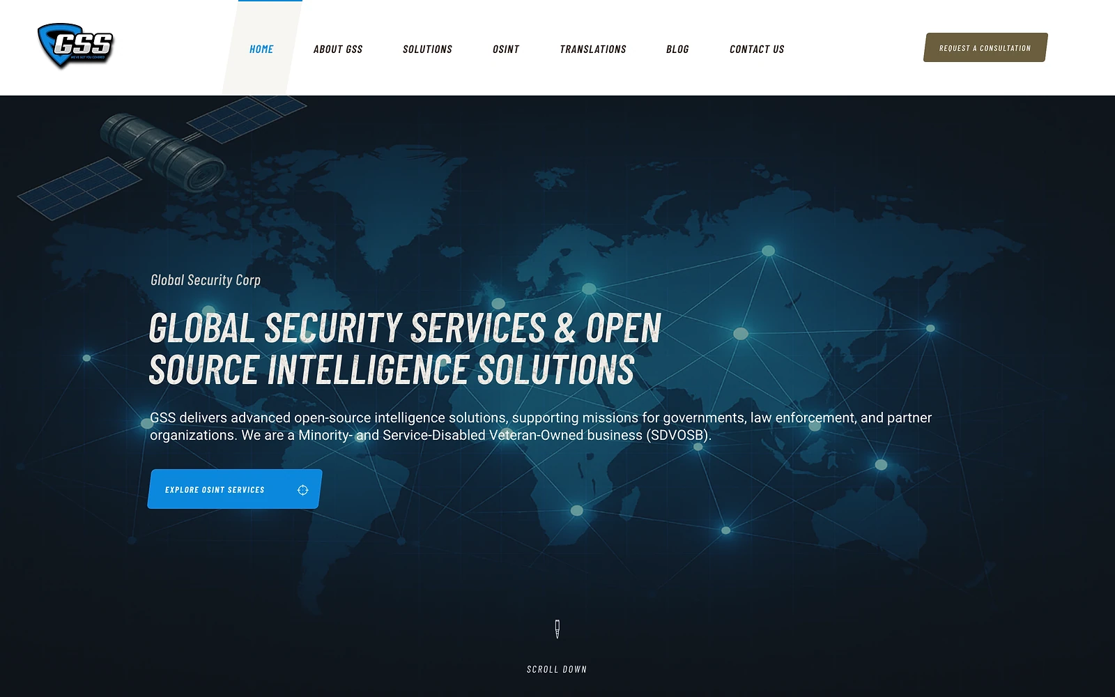 Global Security Corp homepage presenting OSINT services for government and law enforcement