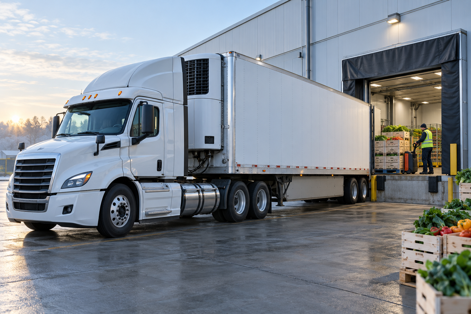 Refrigerated reefer truck at a cold storage dock