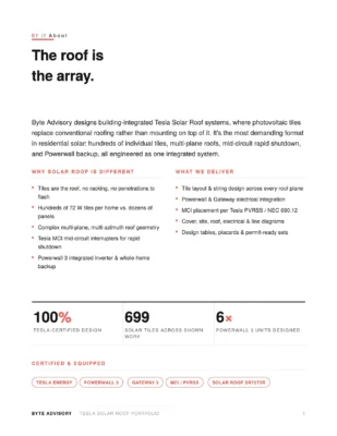 The roof is the array — opening page of the Tesla Solar Roof portfolio, setting out why building-integrated PV differs and what the design set delivers