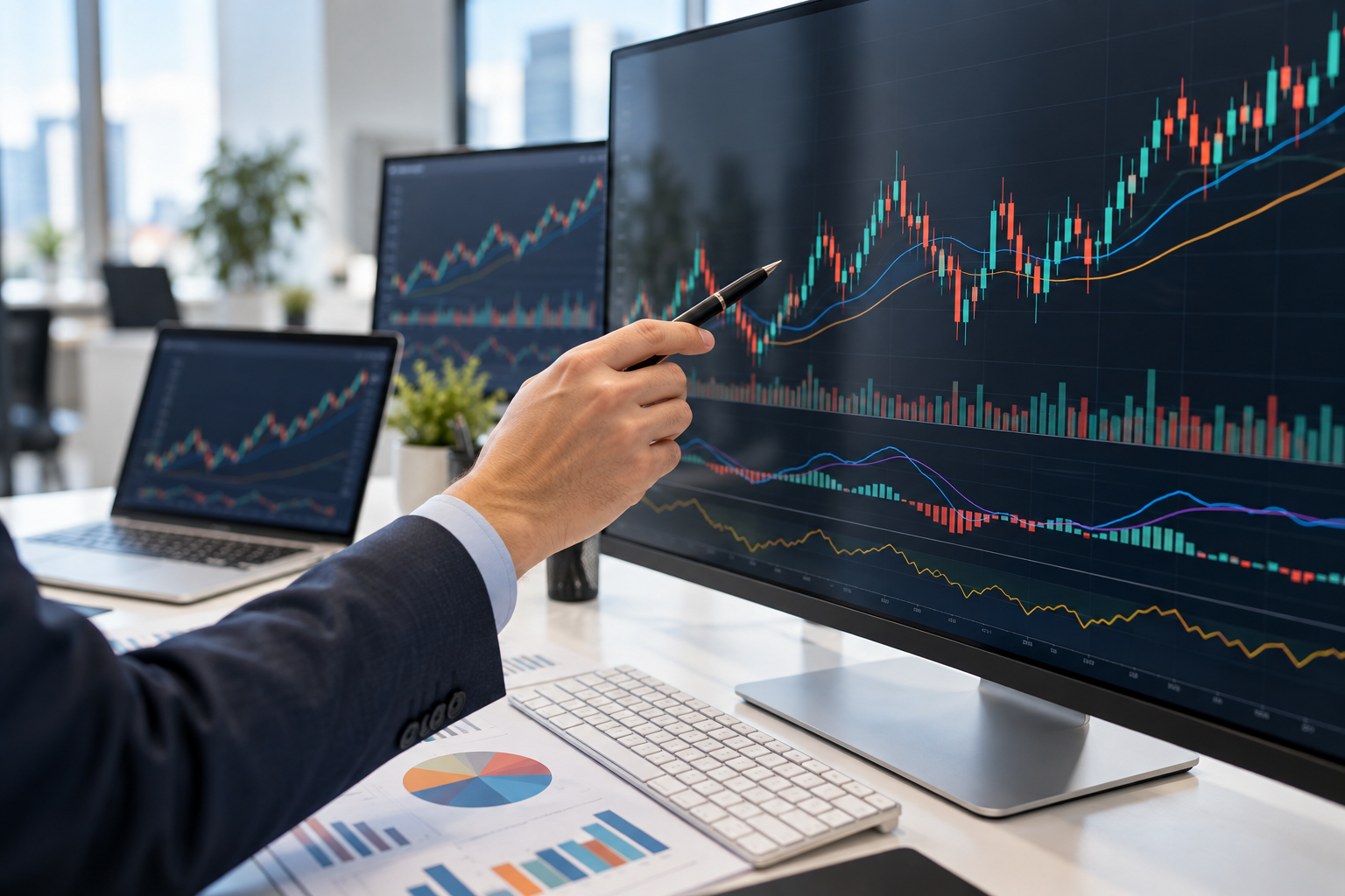 Consultant analyzing market charts on monitors