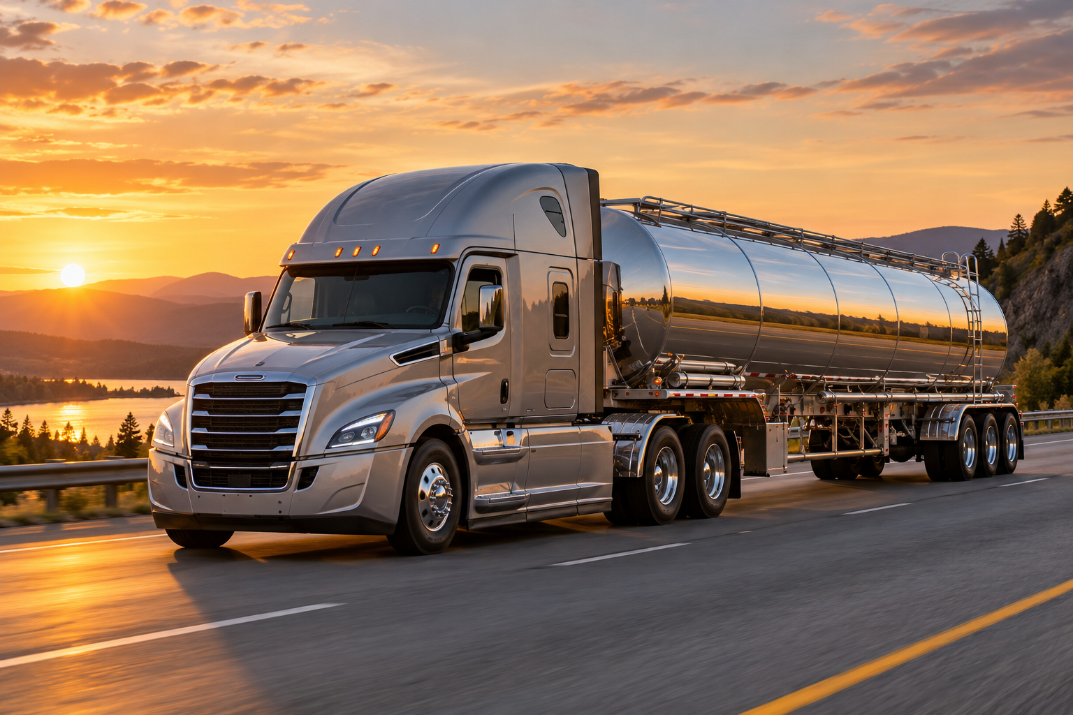 Tanker truck on a highway at sunset