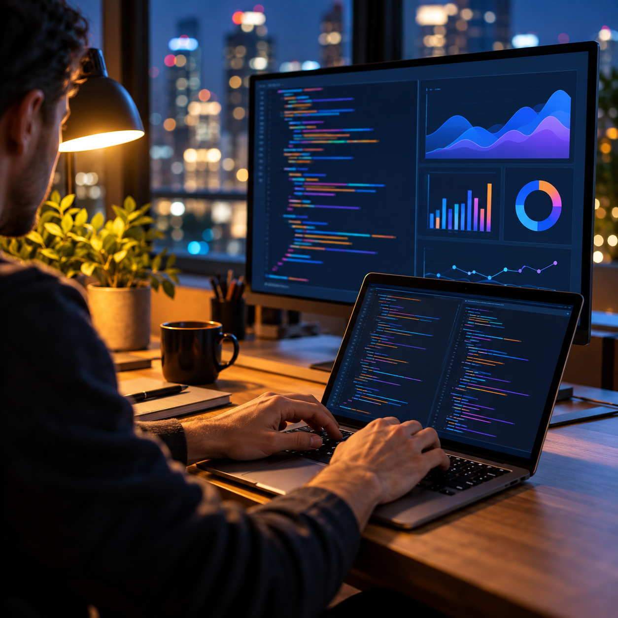 Developer workspace with laptop and analytics dashboard