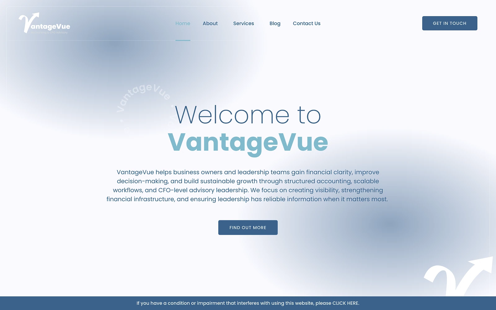VantageVue homepage introducing its accounting and CFO advisory practice