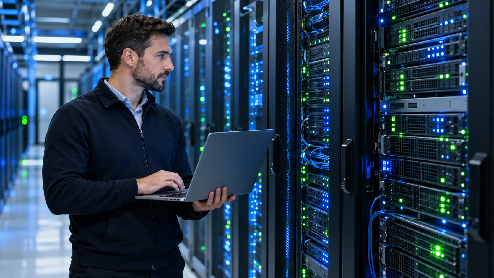 IT technician maintaining website servers in a data center